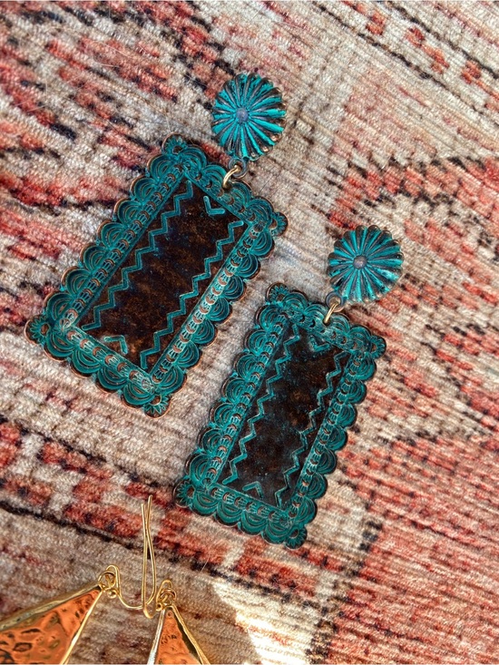 Jewelry - Turquoise Patina Filigree Rectangle Drop Metal Earrings